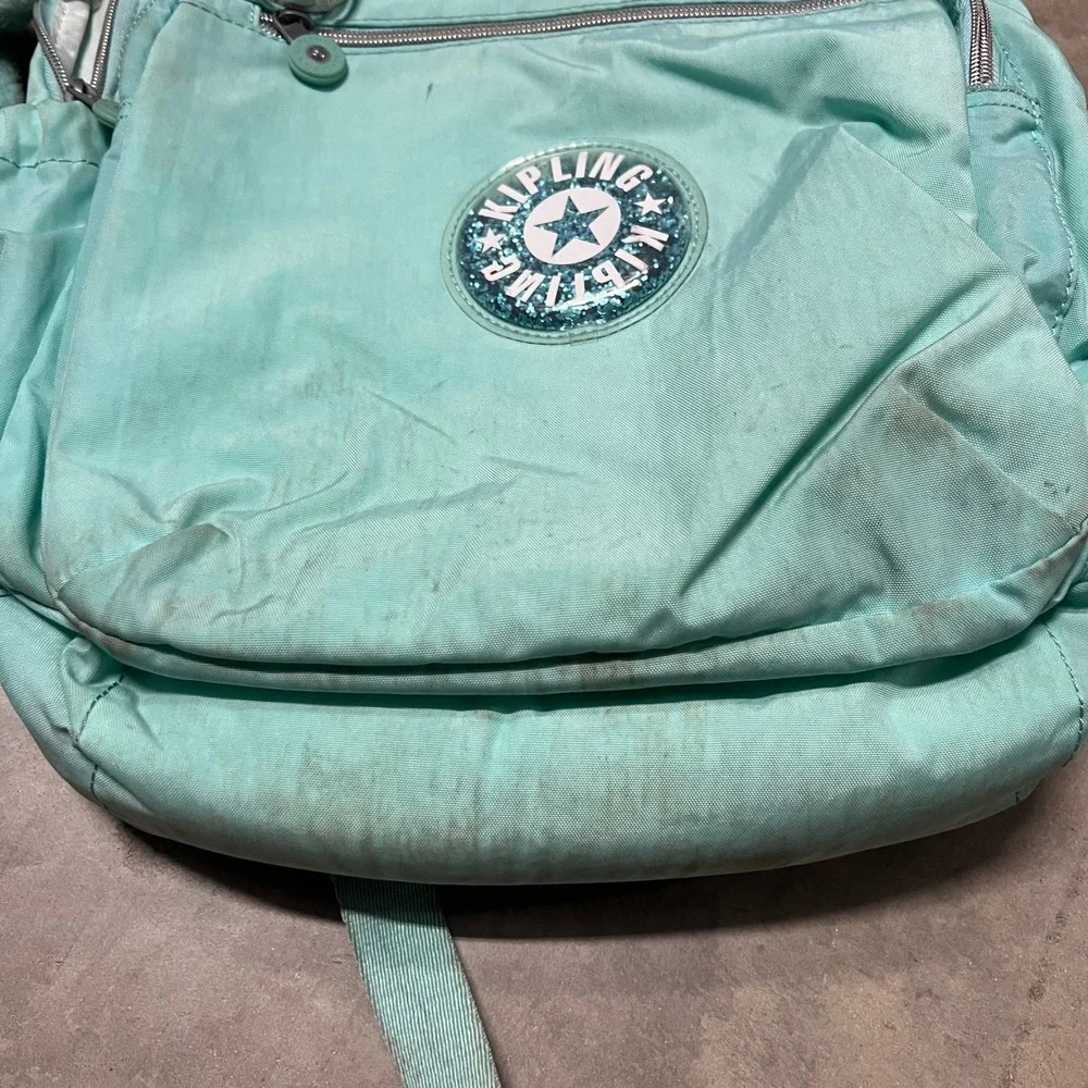 Kipling Seoul Large Backpack Aqua Teal Crinkle Nylon Glitter Star Logo Monkey